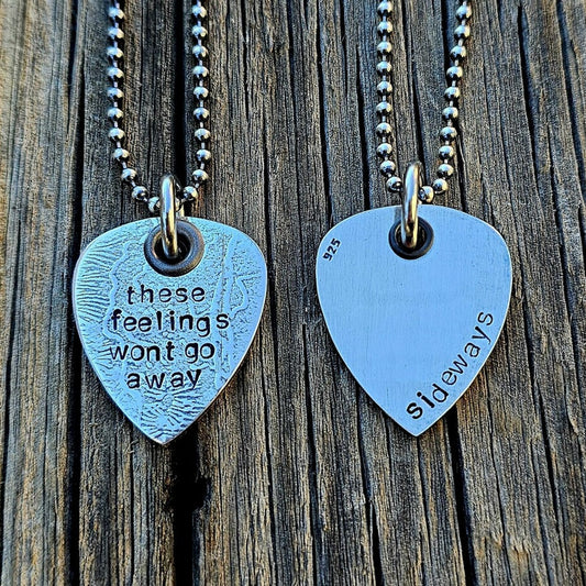 Sideways Sterling Silver Guitar Pick Shaped Necklace Engraved